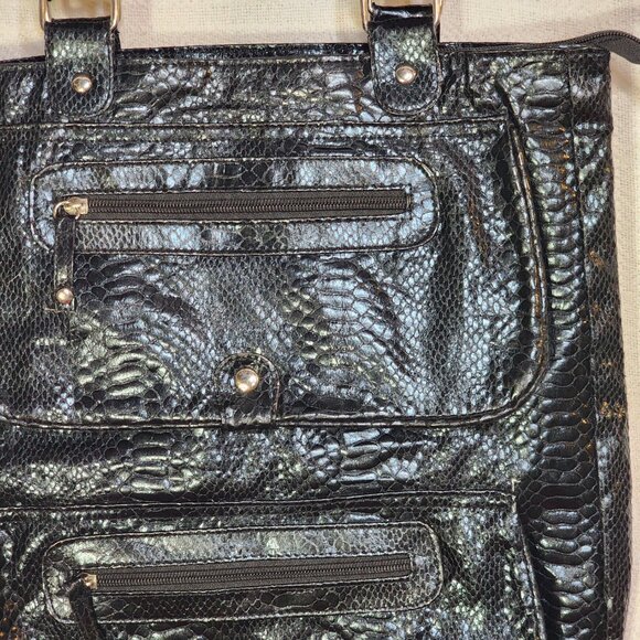Global New Beginnings Black Faux Snake Double Snap Zip Pockets Large Tote Bag - Picture 4 of 16